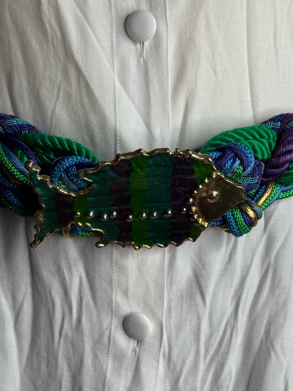 Vintage 80s Purple & Green Articulated Fish  Rope Belt ~ Up to 37”